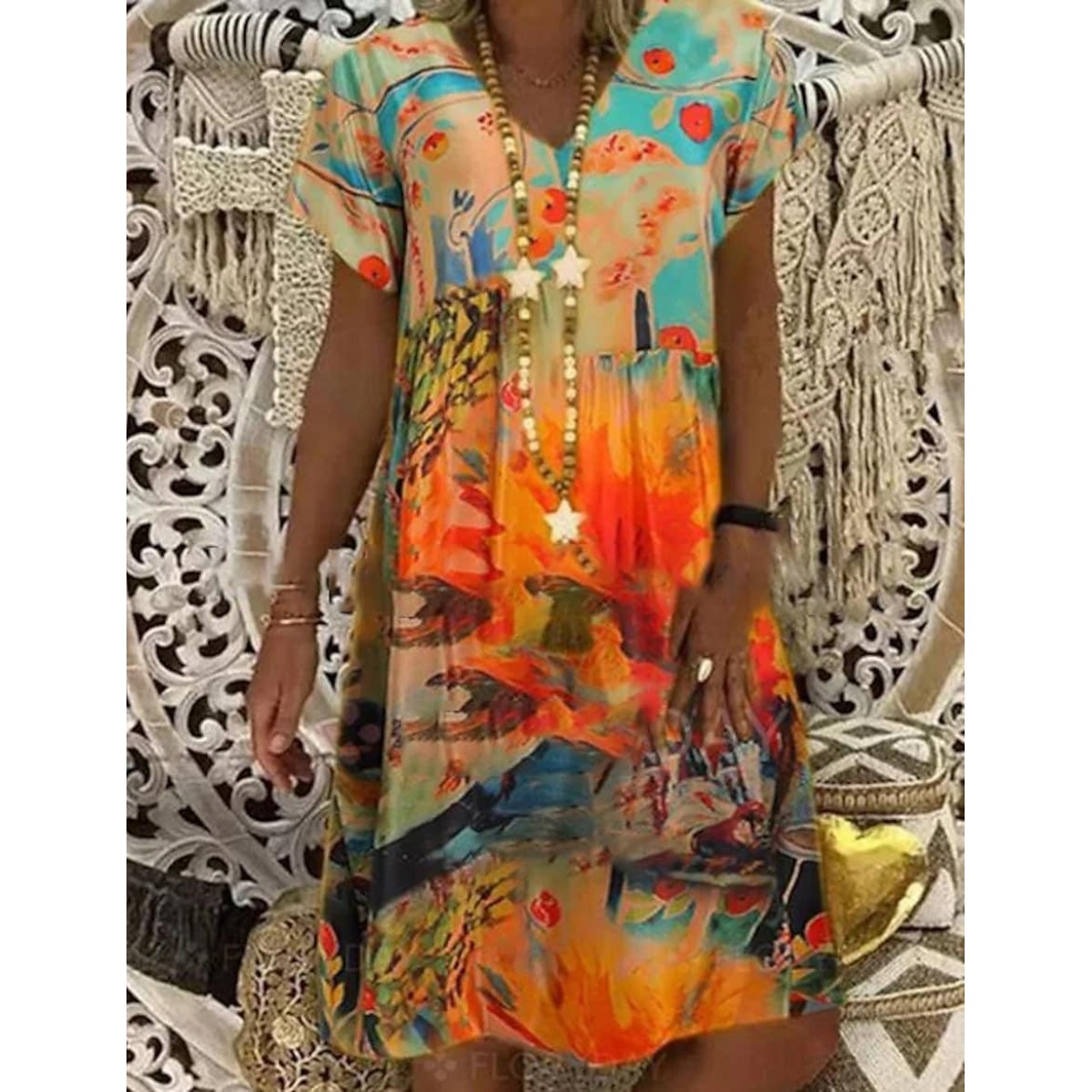 Lovskoo Women Summer Dresses Sun Dresses Printed Suspender Round Neck Bra  Dress Orange